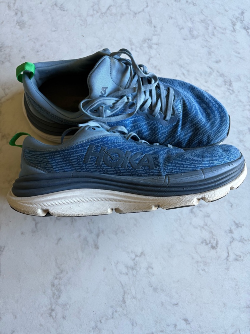 Hoka Blue Mesh Running Shoes with Green Heel Tabs